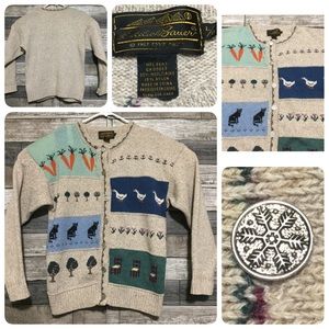 Vtg Eddie Bauer wool sweater women’s L beige button front cardigan animals
